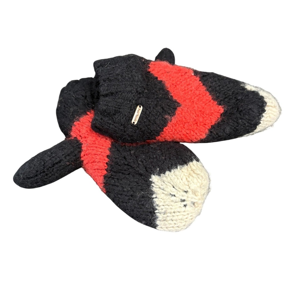 Free People Chunky Knit Chevron Mittens Black Red Cream Wool Blend Fleece Lined